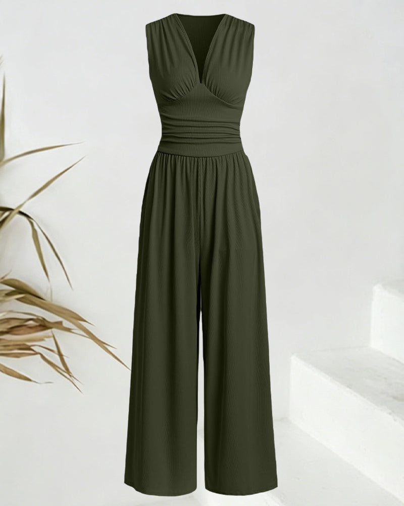 Solid Ribbed Sleeveless Jumpsuit