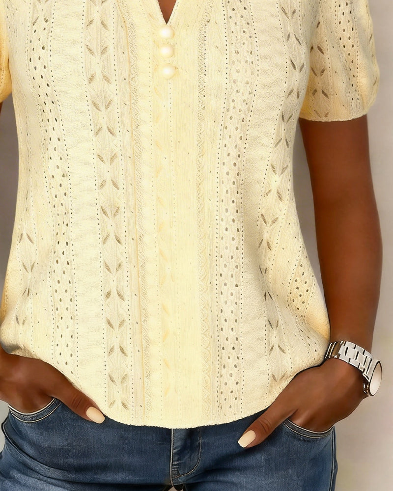 V-Neck Pearl Button Bubble Sleeve Blouse