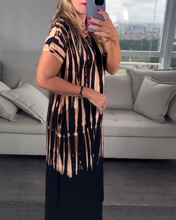 Casual Short-Sleeved Slit Round Neck Printed Dress