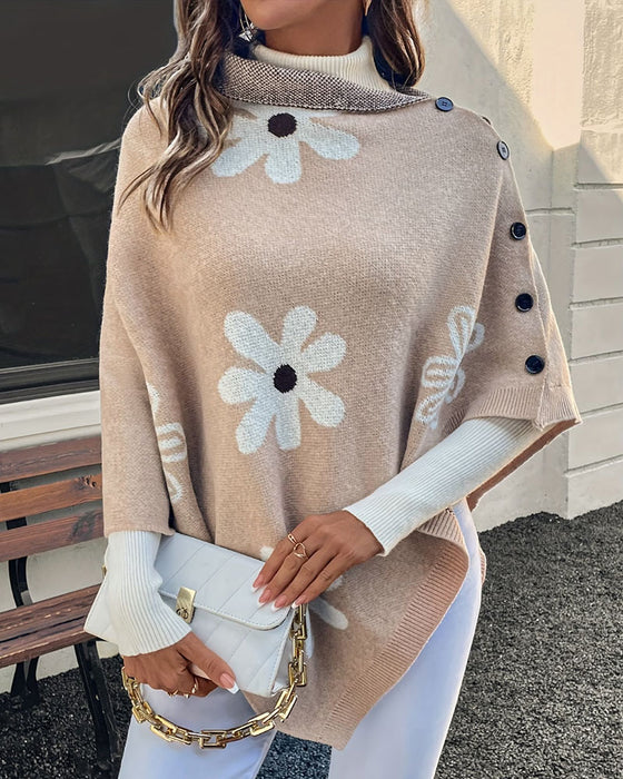 Daisy Print Side Button Shawl Sweater Pullover