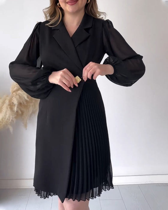 Pleated lapel long-sleeved dress