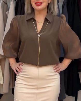 Elegant Collared Sheer Puff Sleeve Blouse
