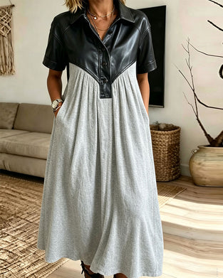 PU Leather Patchwork Short Sleeve Shirt Dress