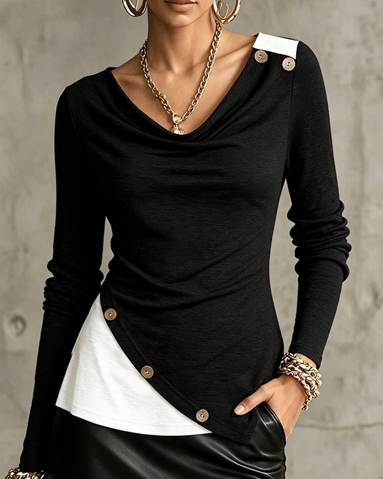 V-Neck Contrast Color Long-Sleeved Top
