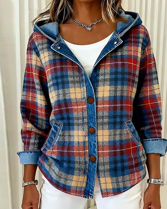 Fashionable Hooded Plaid Coat