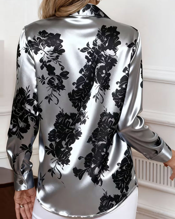 Lapel Color-Block Draped Long-Sleeve Blouse