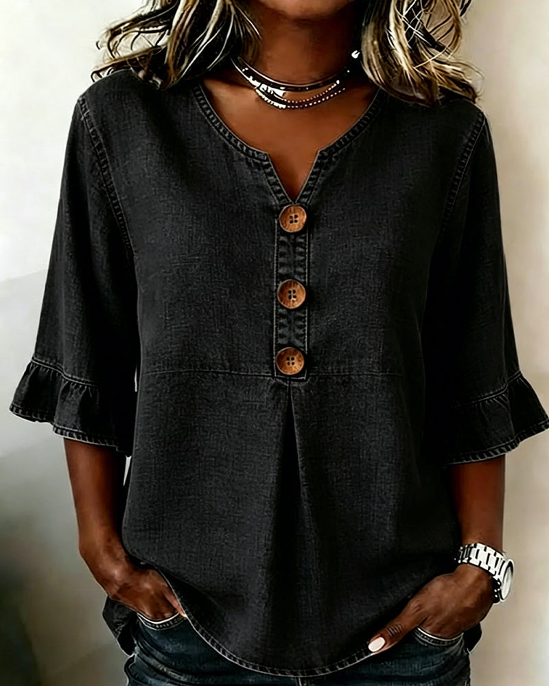 V-Neck Flared Sleeve Denim Blouse