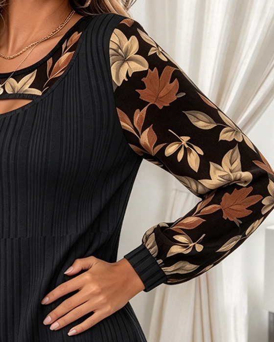 Crew Neck Hollow Out Fashion Leaf Print Top