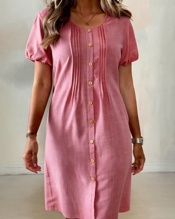 Buttoned Pleated Puff Sleeve Dress