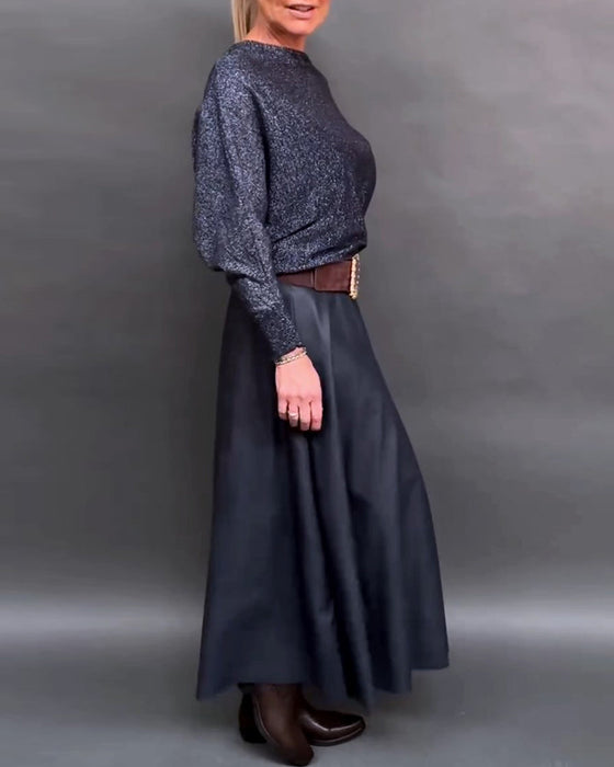 Shiny crew neck dolman sleeve top