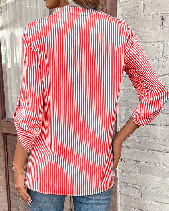 V-neck striped print casual blouse