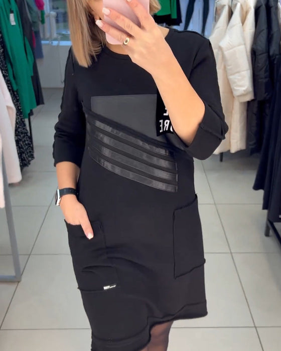 Pocket print Shift dress with Long Sleeve