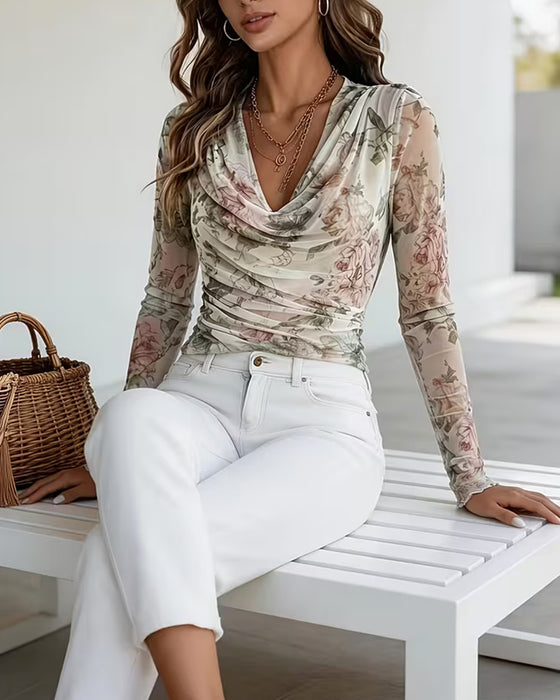 Gathered‑Neck Floral Print Pleated Blouse