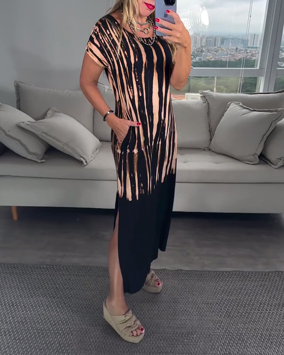 Casual Short-Sleeved Slit Round Neck Printed Dress
