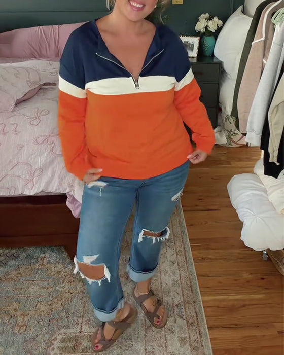 Zippered Stand-Collar Color-Blocked Long-Sleeved Sweatshirt