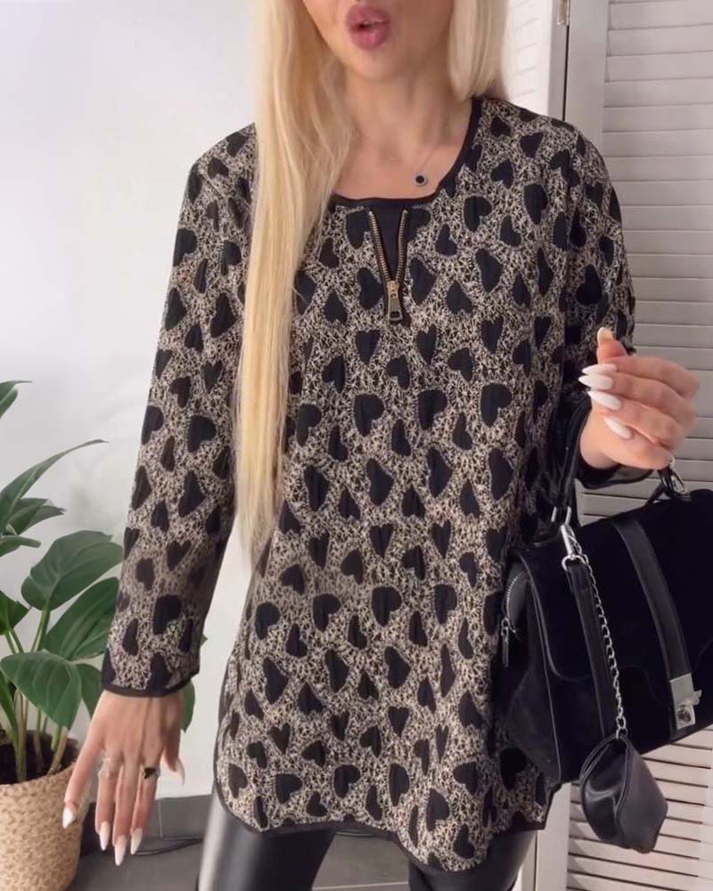 Heart-Print Zip-Front Top