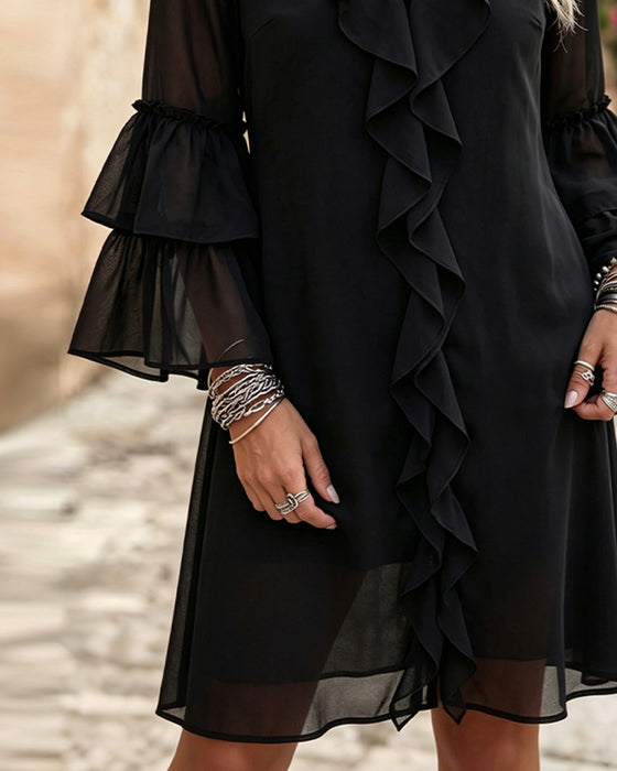Ruffle Flare Sleeve V-Neck Dress