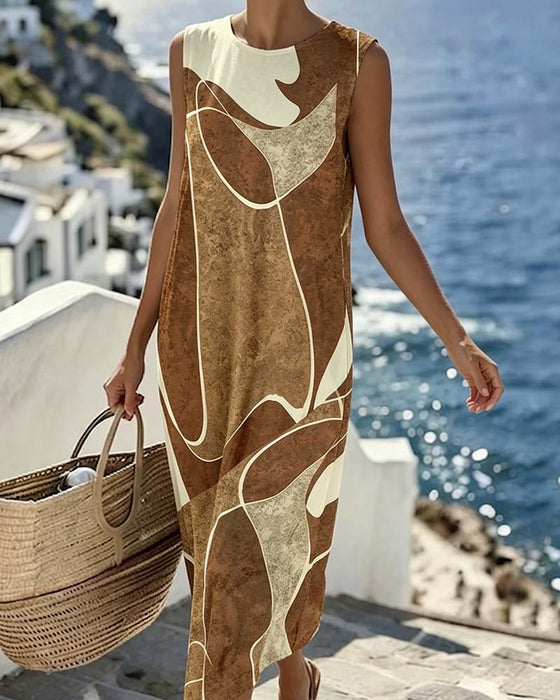 Round Neck Sleeveless Contrast Color Dress