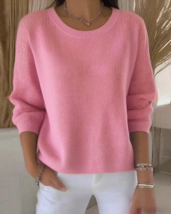 Solid Round Neck Drop Shoulder Sweater