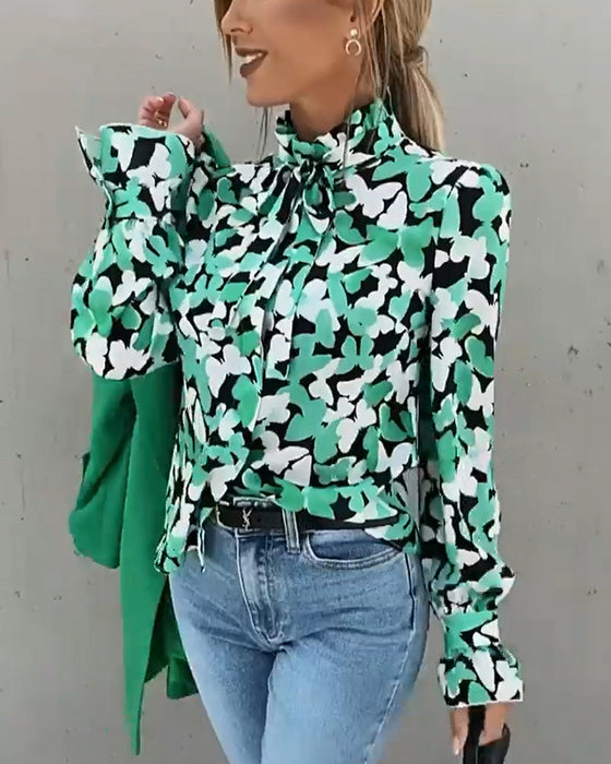 Butterfly print stand collar long sleeve shirt