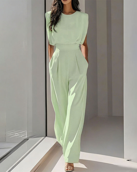 Solid Casual Belted Jumpsuit