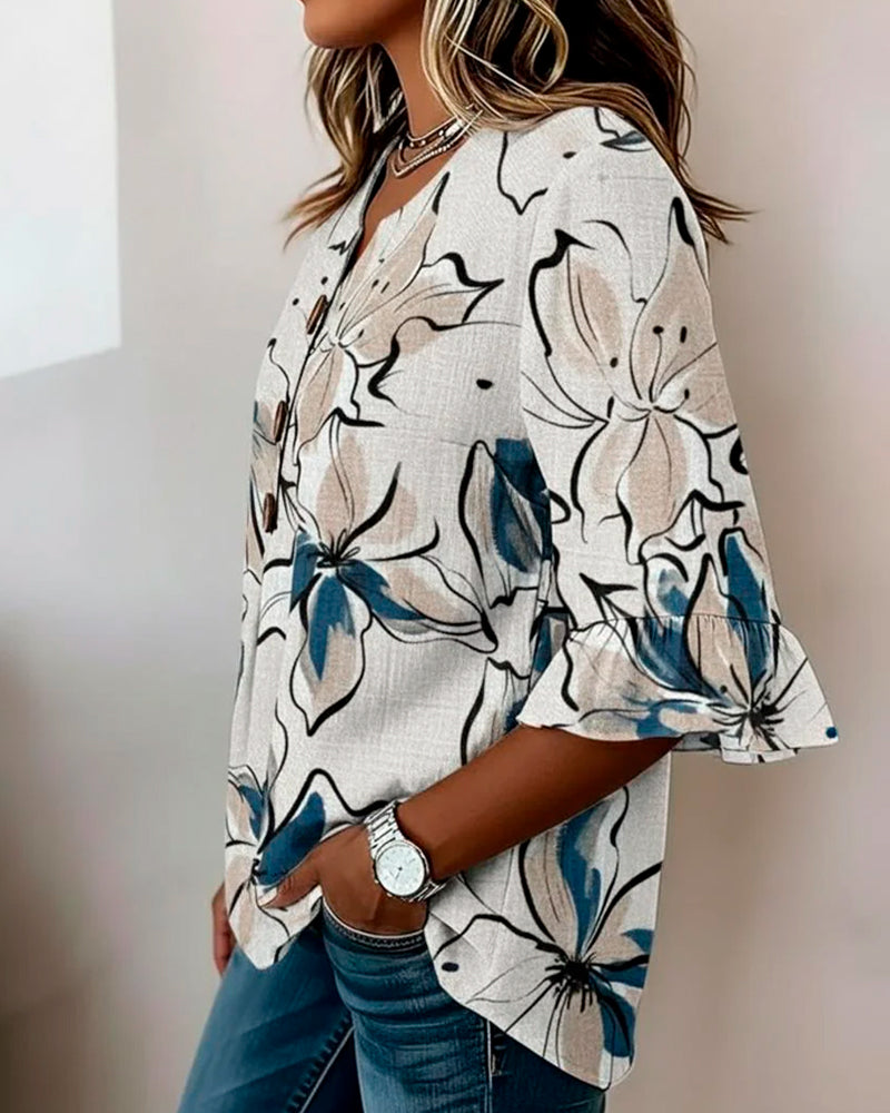 V-Neck Floral Ruffle Three-Quarter Sleeve Blouse