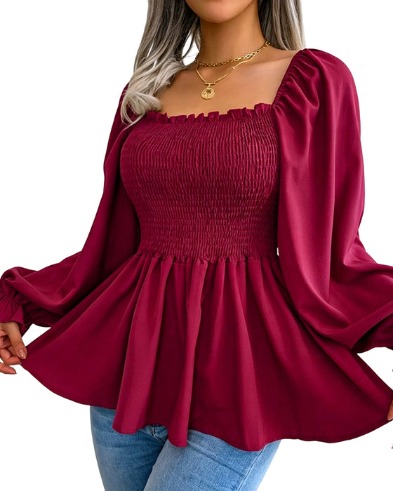 Ruffle Square Neck Long Sleeve Blouse