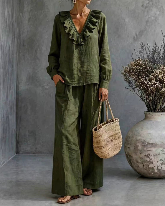 Ruffled V-Neck Long Sleeve Set