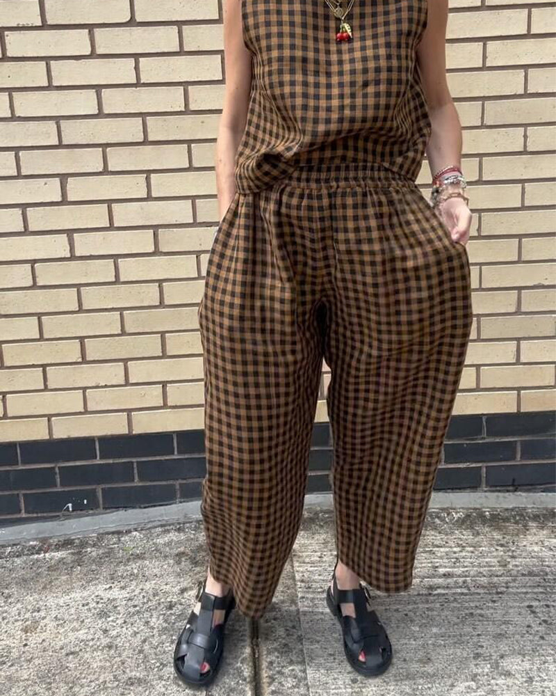 Round Neck Plaid Sleeveless Set