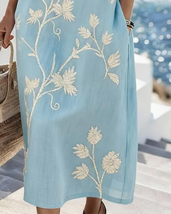 Crew Neck Sleeveless Floral Pocket Dress