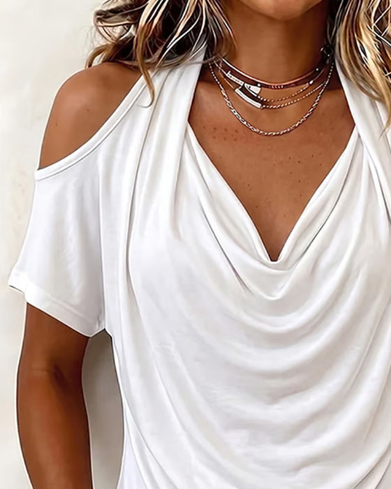 Halter Off-Shoulder Draped Short Sleeve T-Shirt