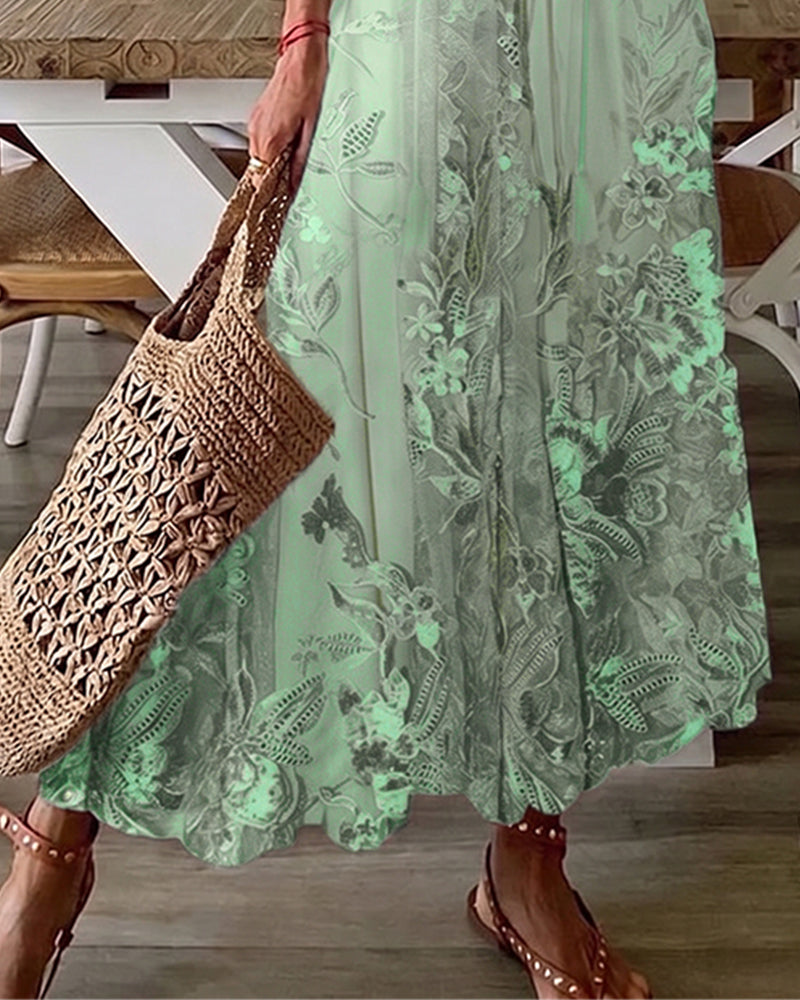 V-Neck Floral Ruffle Full Skirt Dress