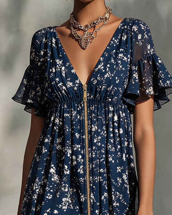 Floral V-Neck Zip Lace Dress