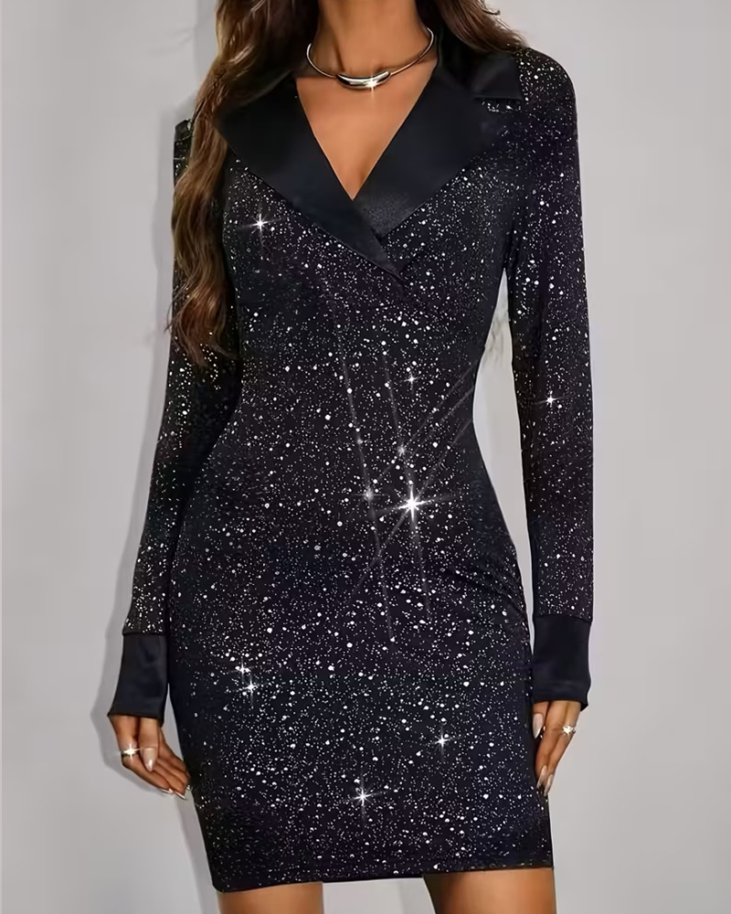Suit Collar Sequin Patchwork Party Dress