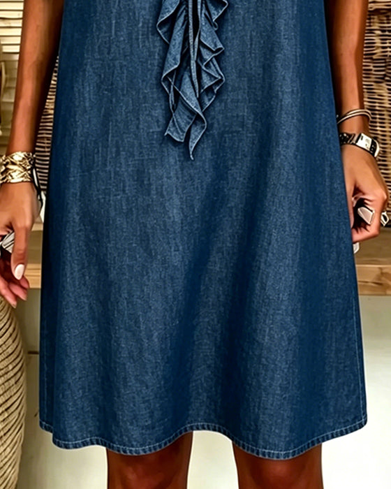 V-Neck Denim Ruffle Dress
