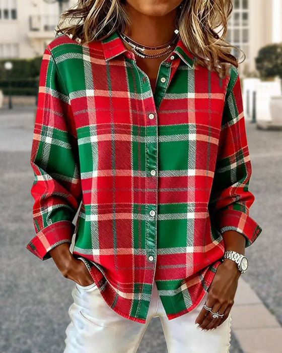 Long-Sleeved Lapel Plaid Shirt