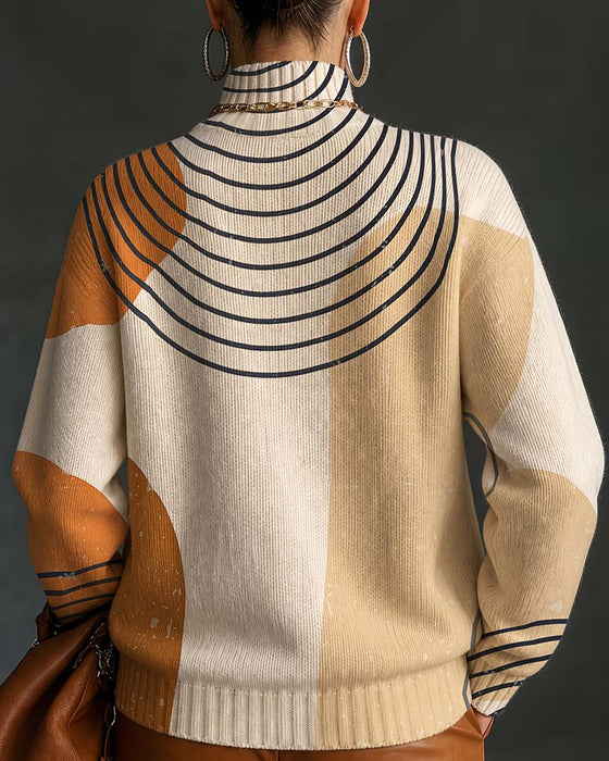 Geometric Line Color Block High Neck Pullover
