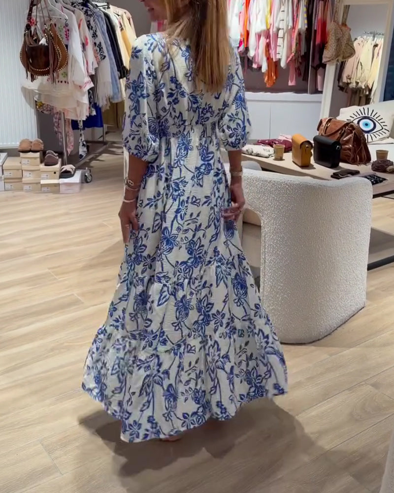 Deep V-Neck Elegant Floral Long Dress