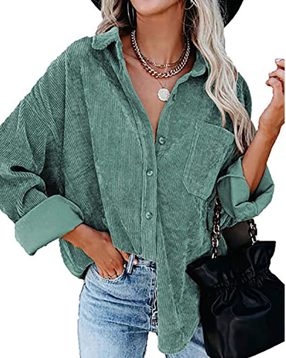 Solid Color Corduroy Pocket Blouse