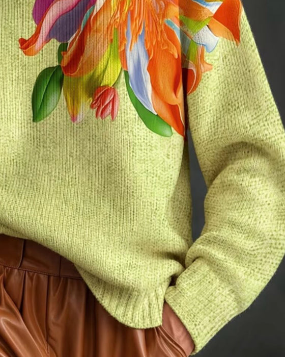 Turtleneck Floral Contrast Long-Sleeve Pullover