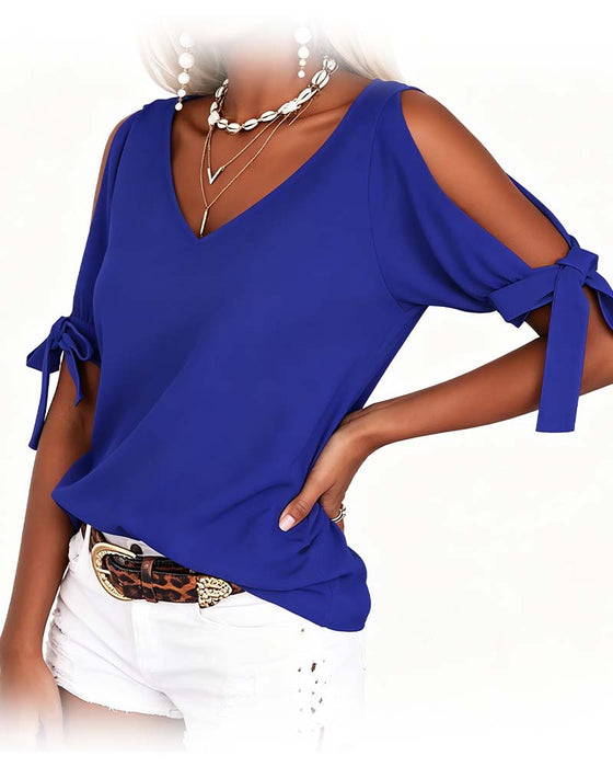 V-Neck Cold Shoulder Bowknot Solid Color Blouse