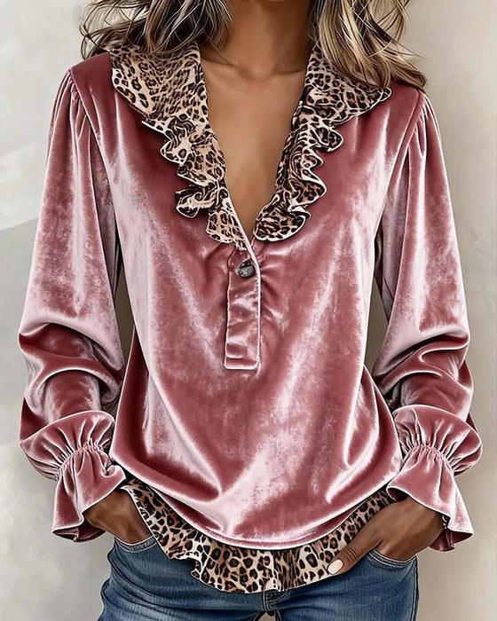 V-Neck Leopard Print Ruffle Sleeve Blouse