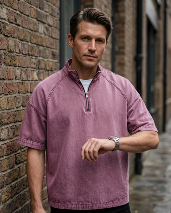 Washed Zip-Up Short Sleeve Shirt