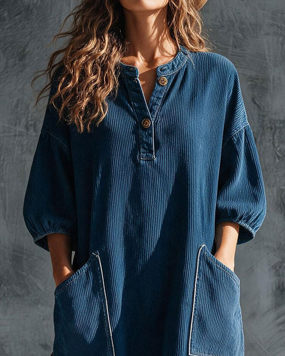 Corduroy Button Front Elbow-Length Puff Sleeve Loose Dress