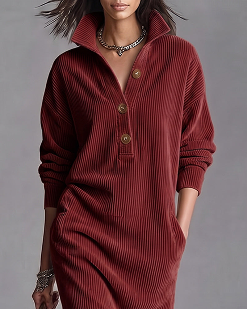 Collared Button Pocket Striped Dress