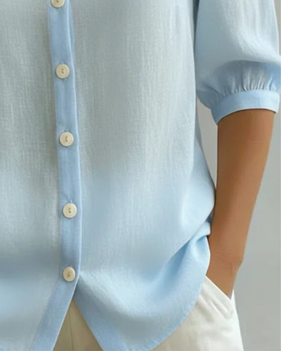 Cotton Mid-Sleeve Peter Pan Collar Shirt
