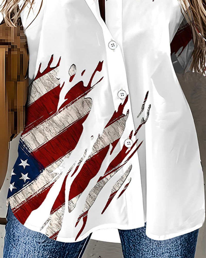 Flag Print Button Down Blouse