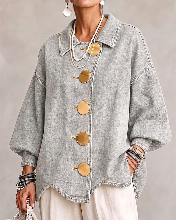 Big Metal Button Washed Denim Coat