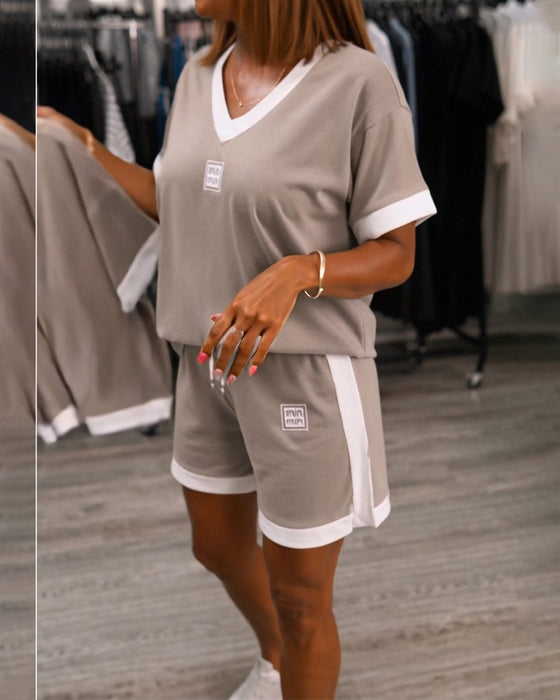 V-Neck Contrast Printed Short-Sleeved Shorts Set