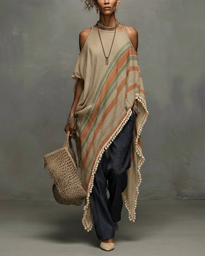Striped Halter Off-Shoulder Asymmetrical Blouse